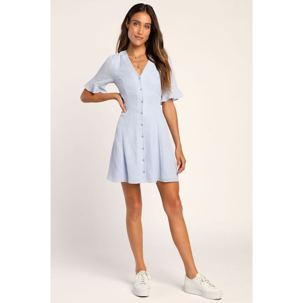 Lulus Castana Light Blue Print Button-up Dress - Size XL